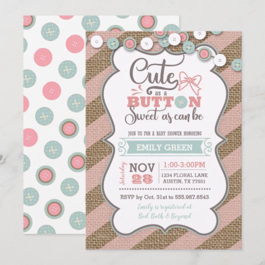 Schattige als een Button Baby shower Invitation Mi Kaart (Voorkant / Achterkant)