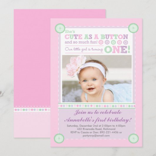 Schattige als een Button (Pastels) Eerste Verjaard Kaart (Voorkant / Achterkant)