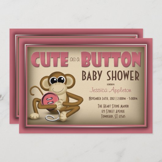 Schattige als een Button Roze Baby shower Uitnodig Kaart (Voorkant / Achterkant)