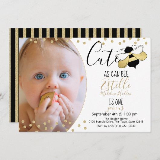 Schattige als kan Bee 1st Birthday Party Foto Kaart (Voorkant / Achterkant)