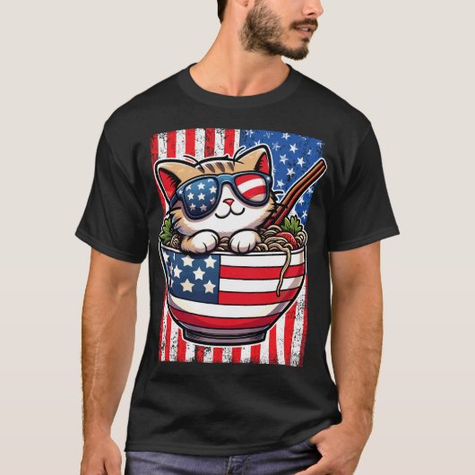Schattige-Amerika Kat Eten Ramen T-shirt (Voorkant)