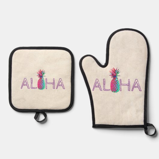 Schattige anananas Aloha Hawaiian Ovenwant & Pannenlap Set (Voorkant)
