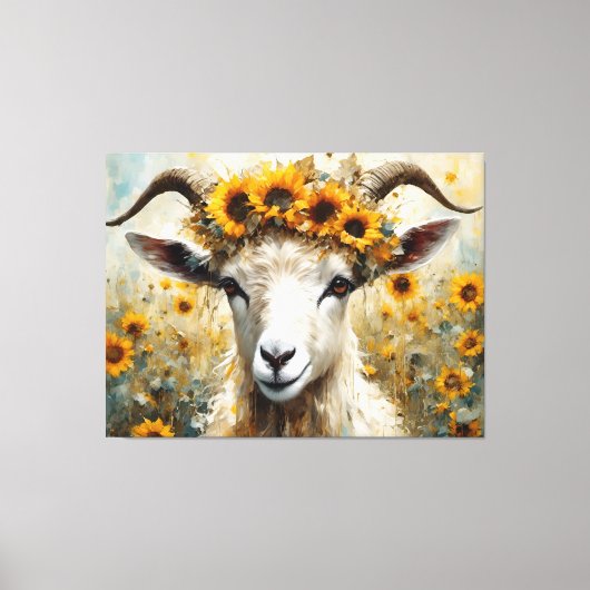 Schattige Angora Geit in de Zonnebloemenvelden Canvas Afdruk (Voorkant)