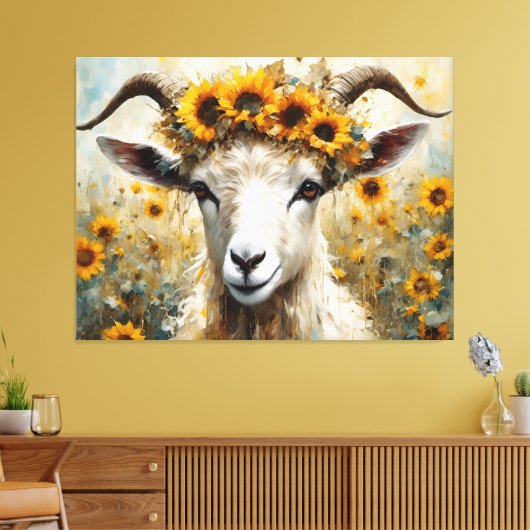 Schattige Angora Geit in de Zonnebloemenvelden Canvas Afdruk (Insitu (Woonkamer))