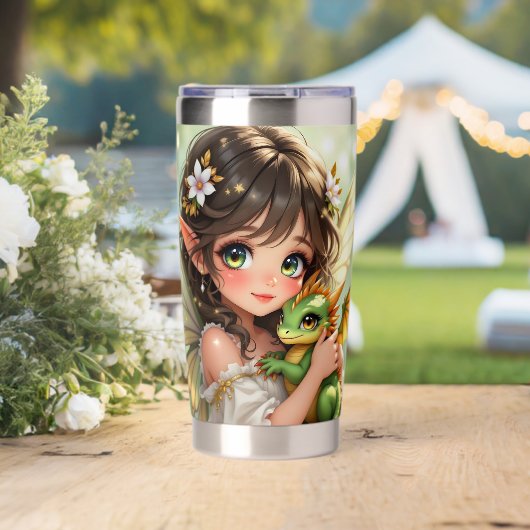Schattige Anime Elf en Chibi Draak Geïsoleerde Drinkbeker (Bruiloft (Gedraaid) )