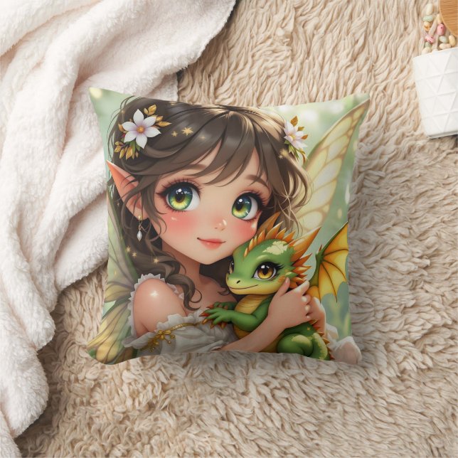 Schattige Anime Elf en Chibi Draak  Kussen (Deken)