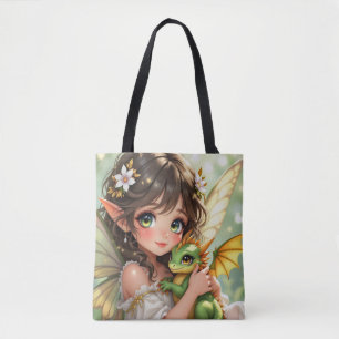 Schattige Anime Elf en Chibi Draak Tote Bag