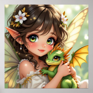 Schattige Anime Fee en Chibi Draak Poster