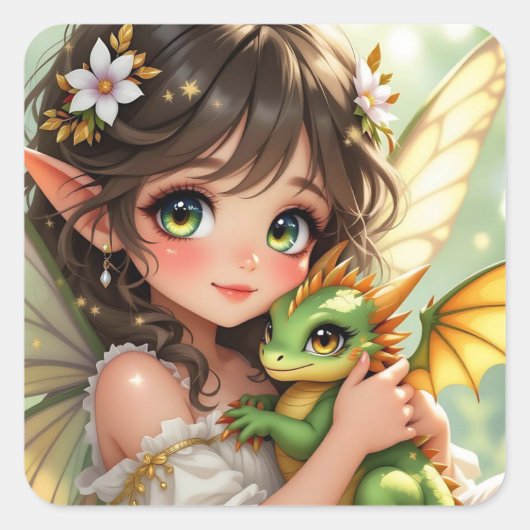 Schattige Anime Fee en Chibi Draak Vierkante Sticker (Voorkant)