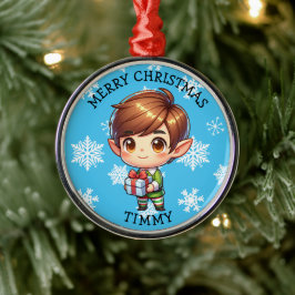 Schattige Anime Jongen Elf Persoonlijke Kerstmis Metalen Ornament