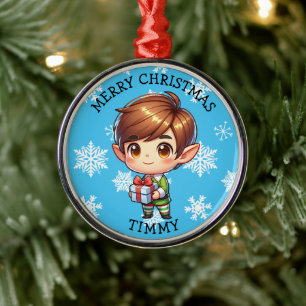 Schattige Anime Jongen Elf Persoonlijke Kerstmis Metalen Ornament