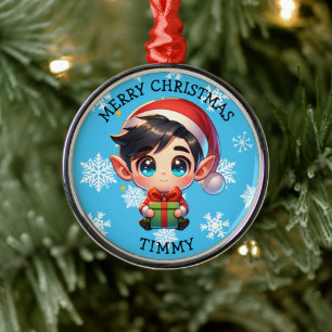 Schattige Anime Jongen Elf Persoonlijke Kerstmis Metalen Ornament