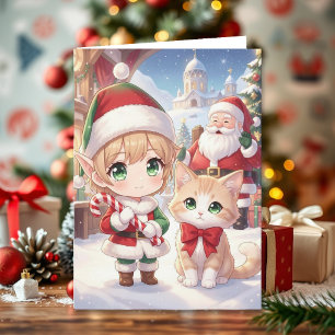Schattige Anime Kinderen Kerstmis en Kleurplaat Kaart