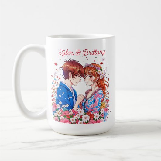 Schattige anime koppel knuffelen gepersonaliseerd koffiemok (Links)