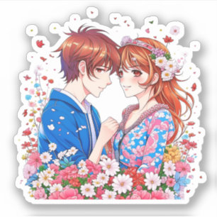 Schattige anime koppel knuffelen sticker
