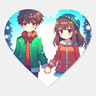 Schattige anime koppel met handen Kerstmis Hart Sticker