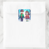 Schattige anime koppel met handen Kerstmis Vierkante Sticker (Tas)