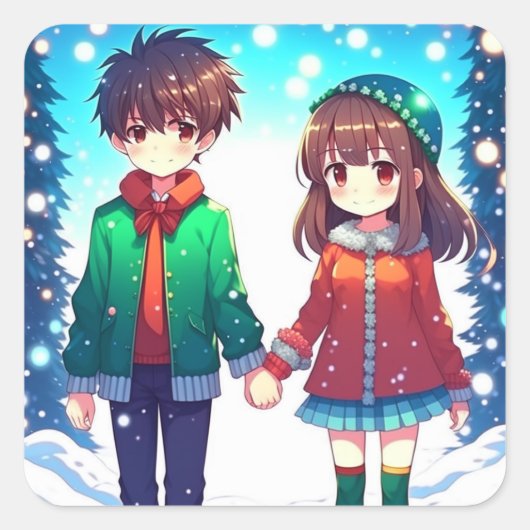 Schattige anime koppel met handen Kerstmis Vierkante Sticker (Voorkant)