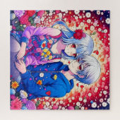 Schattige Anime Koppel omgeven door Flowers and He Legpuzzel (Horizontaal)