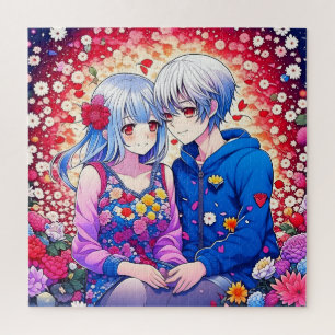 Schattige Anime Koppel omgeven door Flowers and He Legpuzzel