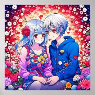 Schattige Anime Koppel omgeven door Flowers and He Poster