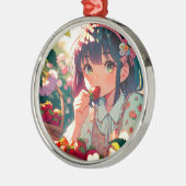 Schattige anime meisje eten aardbeien metalen ornament (Links)