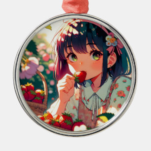 Schattige anime meisje eten aardbeien metalen ornament