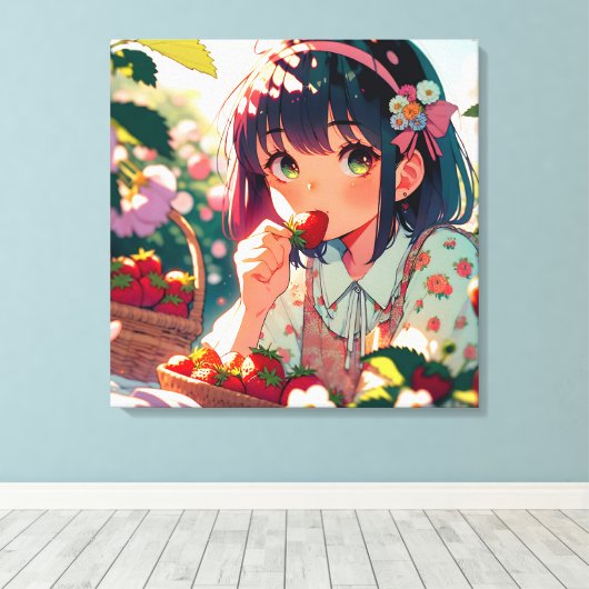 Schattige anime meisje eten aardbeien | Zomerdag Canvas Afdruk (Insitu (Houten vloer))