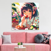 Schattige anime meisje eten aardbeien | Zomerdag Canvas Afdruk (Insitu (Woonkamer))