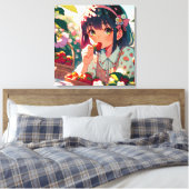 Schattige anime meisje eten aardbeien | Zomerdag Canvas Afdruk (Insitu (Slaapkamer))
