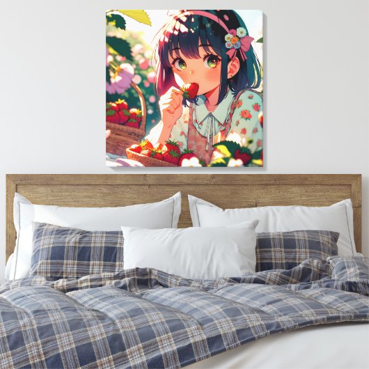 Schattige anime meisje eten aardbeien | Zomerdag Canvas Afdruk (Insitu (Slaapkamer))