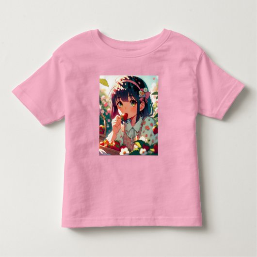 Schattige anime meisje eten aardbeien | Zomerdag Kinder Shirts (Voorkant)