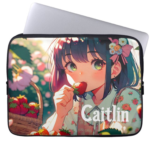 Schattige anime meisje eten aardbeien | Zomerdag Laptop Sleeve (Voorkant)