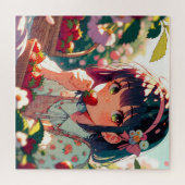 Schattige anime meisje eten aardbeien | Zomerdag Legpuzzel (Horizontaal)