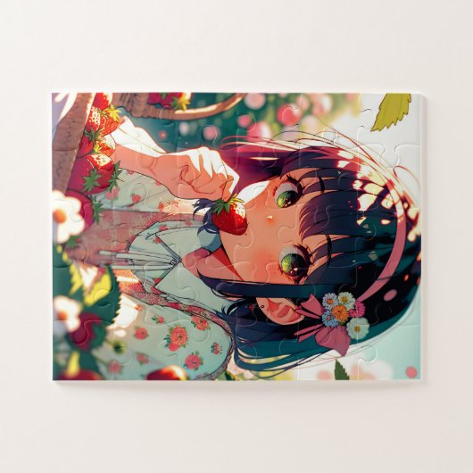 Schattige anime meisje eten aardbeien | Zomerdag Legpuzzel (Horizontaal)