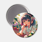 Schattige anime meisje eten aardbeien | Zomerdag Magneet (Voorkant / Achterkant)