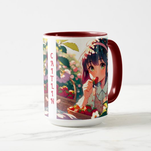 Schattige anime meisje eten aardbeien | Zomerdag Mok (Voorkant rechts)