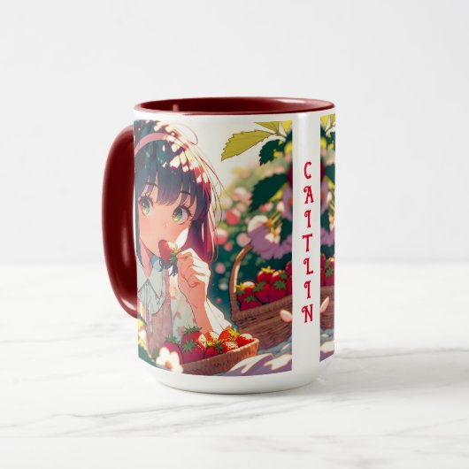 Schattige anime meisje eten aardbeien | Zomerdag Mok (Voorkant links)