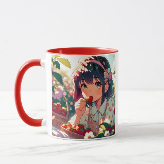 Schattige anime meisje eten aardbeien | Zomerdag Mok (Links)