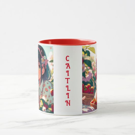 Schattige anime meisje eten aardbeien | Zomerdag Mok (Midden)