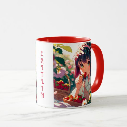 Schattige anime meisje eten aardbeien | Zomerdag Mok (Voorkant rechts)