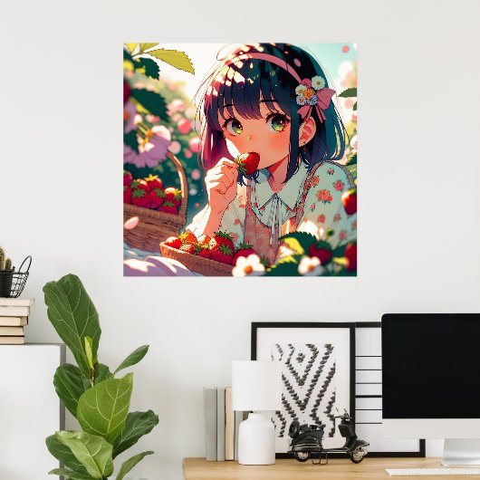 Schattige anime meisje eten aardbeien | Zomerdag Poster (Thuiskantoor)