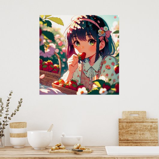 Schattige anime meisje eten aardbeien | Zomerdag Poster (Keuken)