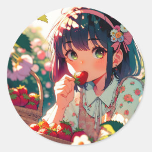 Schattige anime meisje eten aardbeien   Zomerdag Ronde Sticker