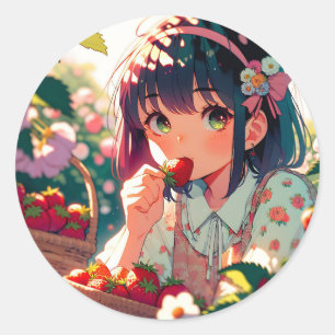 Schattige anime meisje eten aardbeien   Zomerdag Ronde Sticker