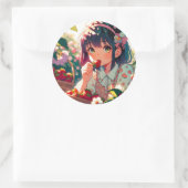 Schattige anime meisje eten aardbeien | Zomerdag Ronde Sticker (Tas)