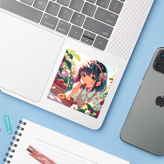 Schattige anime meisje eten aardbeien | Zomerdag Sticker (Laptop met iPhone)