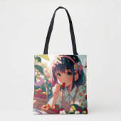 Schattige anime meisje eten aardbeien | Zomerdag Tote Bag (Voorkant)