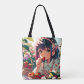 Schattige anime meisje eten aardbeien | Zomerdag Tote Bag (Achterkant)