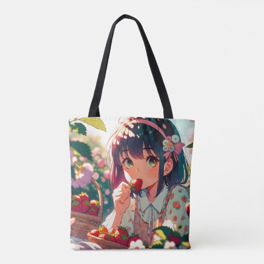 Schattige anime meisje eten aardbeien | Zomerdag Tote Bag (Achterkant)